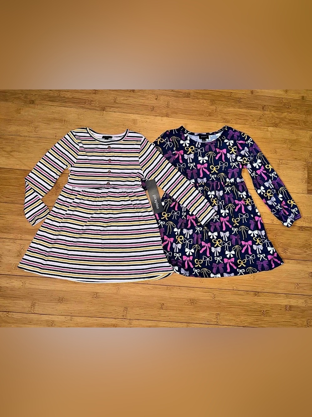 NWT Girl’s Size 6X Striped & Bow Print Long Sleeve Empire Waist Dresses
